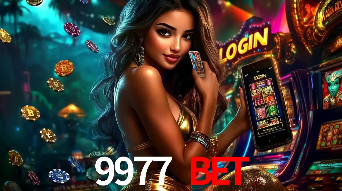 Mulher em um cenário de cassino temático de aventura, mostrando o app de caça-níqueis da 9977 BET no celular. Fichas de apostas flutuam ao redor.