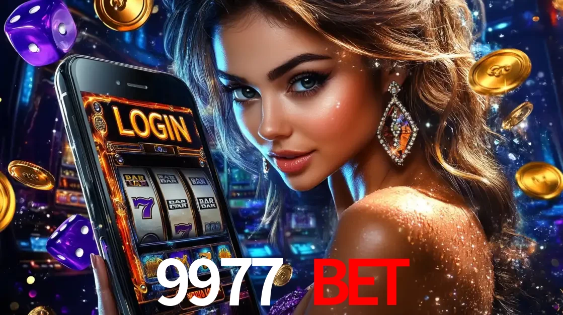 Mulher glamorosa segurando um smartphone com a tela de login para os jogos de caça-níqueis do cassino online 9977 BET, com moedas de ouro e dados ao redor.